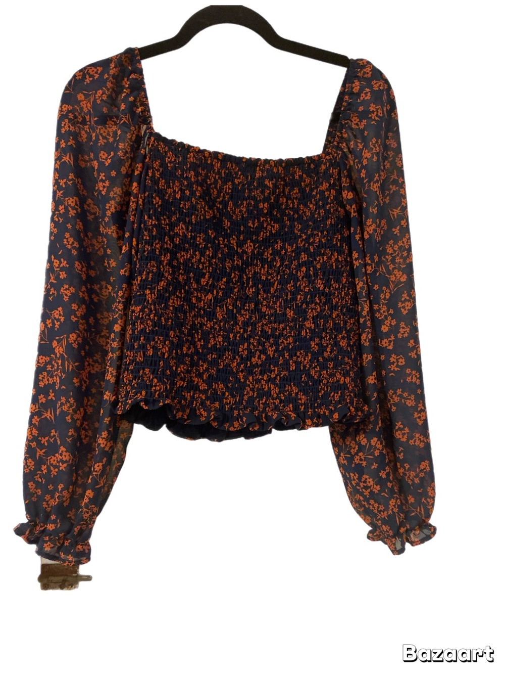 Lush Navy Smocked Floral Square-Neck Blouse with Orange Print
